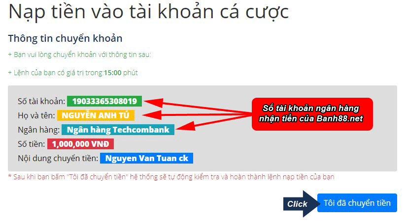 Chuyển tiền vào tài khoản ngân hàng của Banh88.net